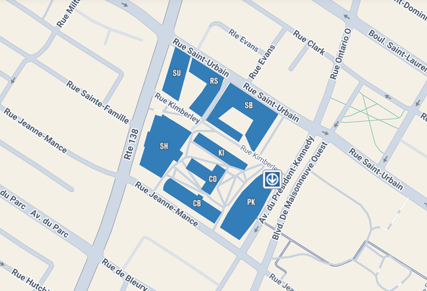 Carte de l'ensemble des pavillons de l'UQAM se trouvant entre la rue Saint-Urbain, Route 138, rue Jeanne-Mance et Avenue du Président-Kennedy.